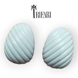 Vintage Crown Trifari White Enamel Clip-On Earrings | 1950s Mid-Century